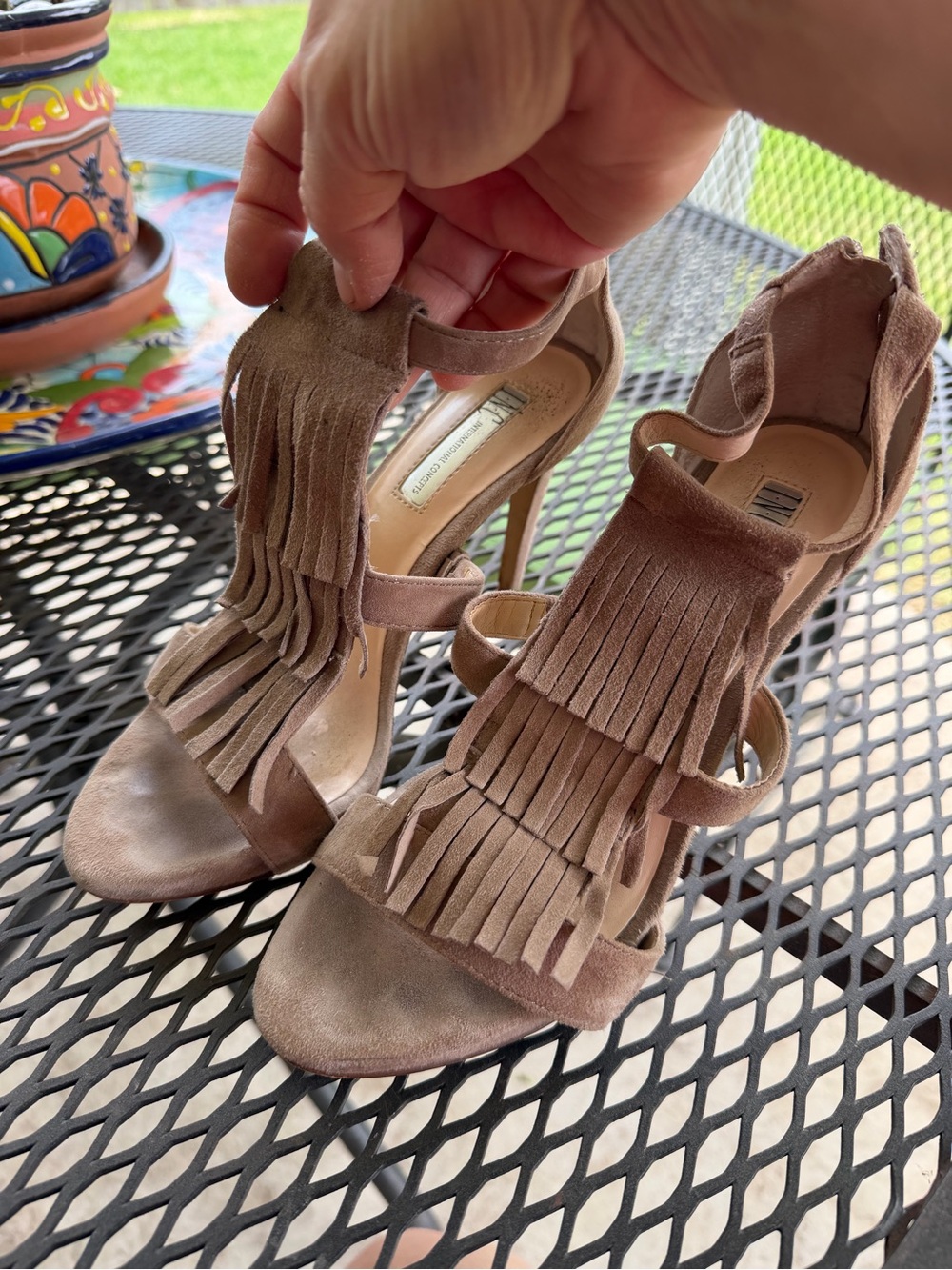 INC International Concepts Taupe Suede Fringe Heel Sandals